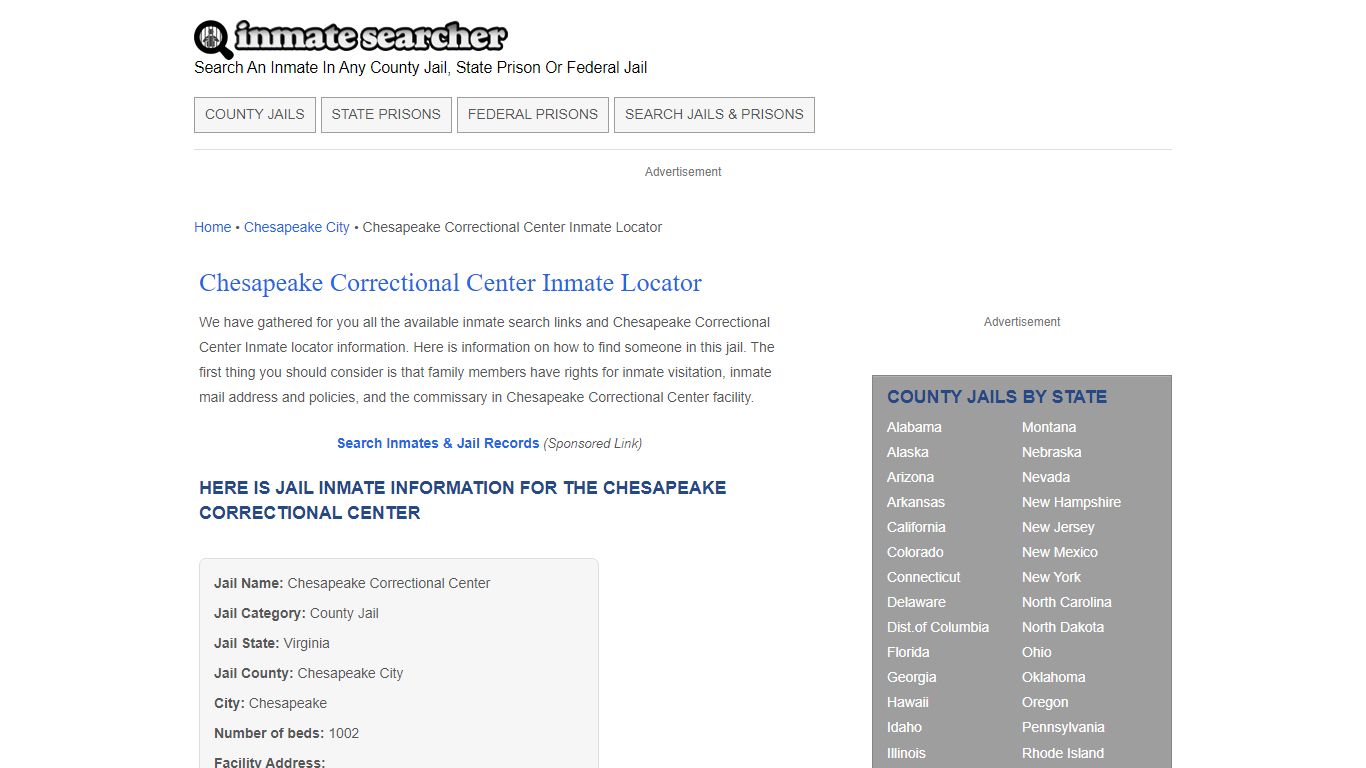 Chesapeake Correctional Center Inmate Locator - Inmate Searcher